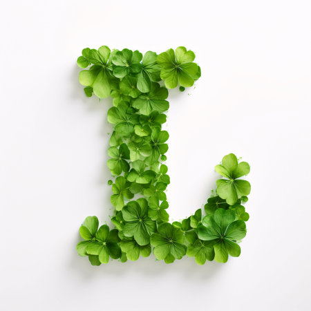Graphic alphabet letters: Letter L made of green leaves on white background. Flat lay, top view
