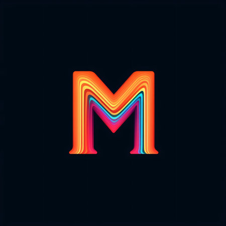 Graphic alphabet letters: Neon letter M uppercase with colorful stripes, isolated on black background.の写真素材