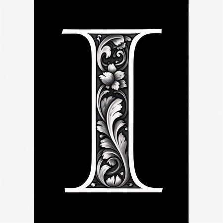 Graphic alphabet letters: Luxury capital letter I with damask pattern on black background.