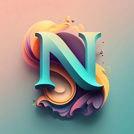 Graphic alphabet letters: 3d render, abstract colorful paper cut font. Letter N