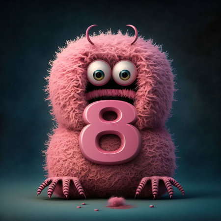 Graphic numbers: Funny pink monster with number 8 on dark blue background 3d rendering