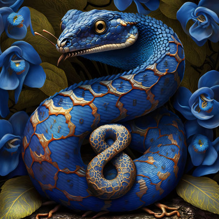 3D rendering of a blue snake in a blue background with flowers