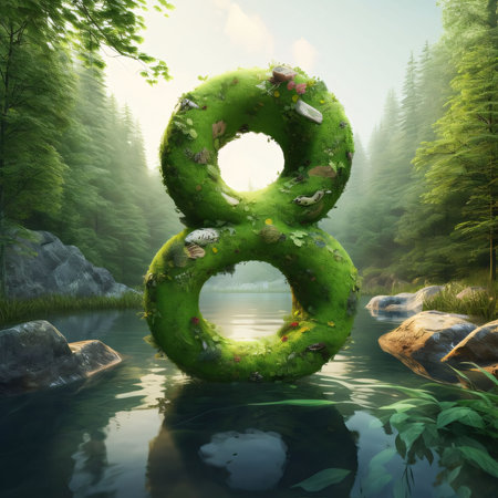 Graphic numbers: 8 March in the forest, 3d render, green number eight