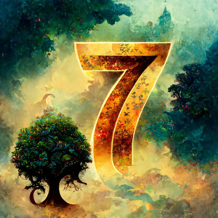 Graphic numbers: Number 7 with tree and leaves on abstract background. 3D illustrations