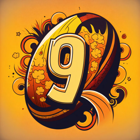 Graphic numbers: Number 9 in orange and black with floral elements. Vector illustration