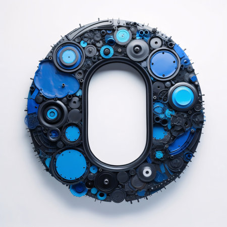 Graphic numbers: Letter 0 made of blue and black gears on a white background.