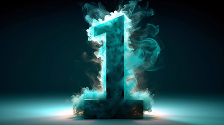 Graphic numbers: Number 1 in blue smoke on dark background. 3D rendering.