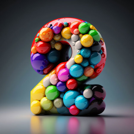 Graphic numbers: Colorful 3d rendering of number 2 with balls on gray background