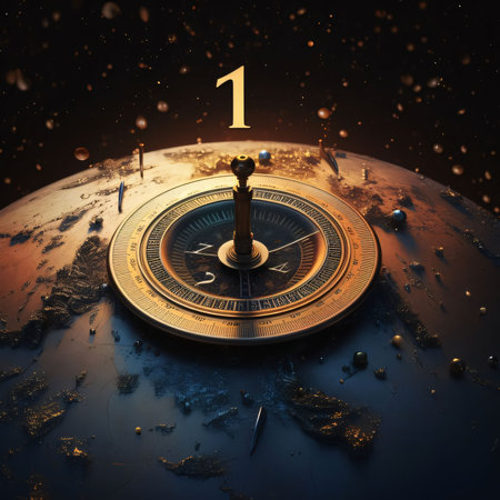 Graphic numbers: 3D illustration of a golden compass showing 1st place in the world