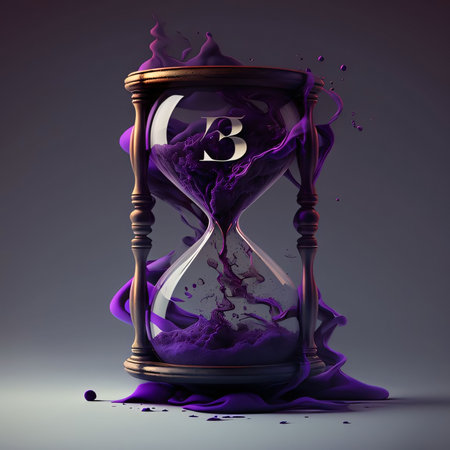 Graphic numbers: Hourglass with numbers on the background of purple slime. 3d rendering