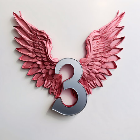 Graphic numbers: Number three with wings on a white background. 3D rendering.