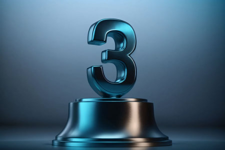 Graphic numbers: 3d render of a trophy with number three on a blue background
