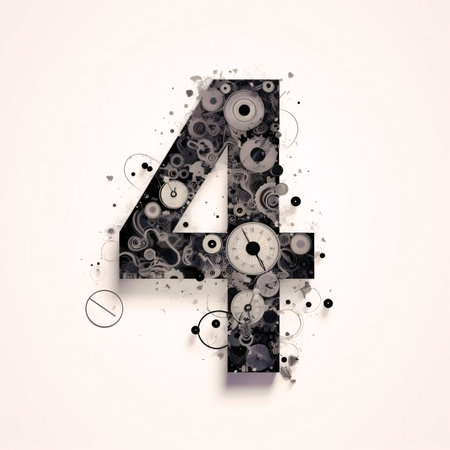 Graphic numbers: Mechanical alphabet in grunge style, number 4, vector illustration.
