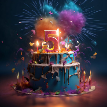 Graphic numbers: Birthday cake with 5 number candle and confetti on dark background