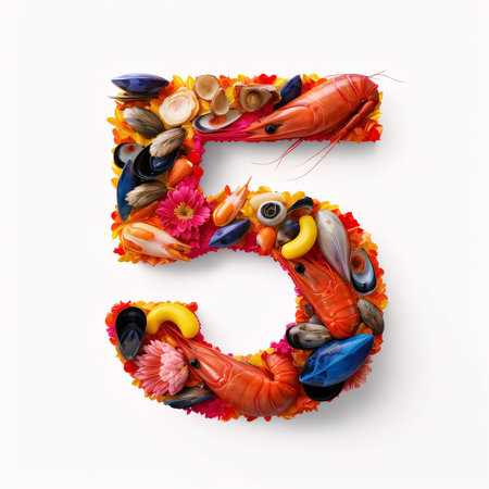 Graphic numbers: Number 5 made of fresh seafood isolated on white background with clipping path