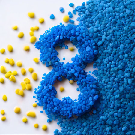 Graphic numbers: Number 8 made of blue and yellow plastic granules on white backgroundの写真素材