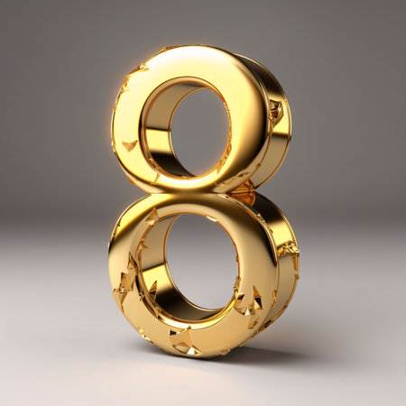 Graphic numbers: Gold number 8 isolated on white background. 3d rendered font.