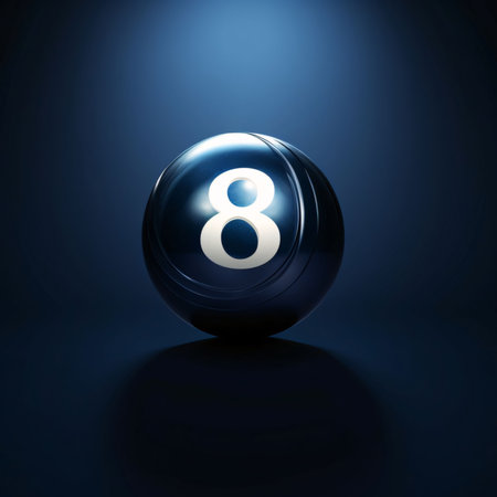 Graphic numbers: Billiard ball number 8 on blue background. 3D illustrations.