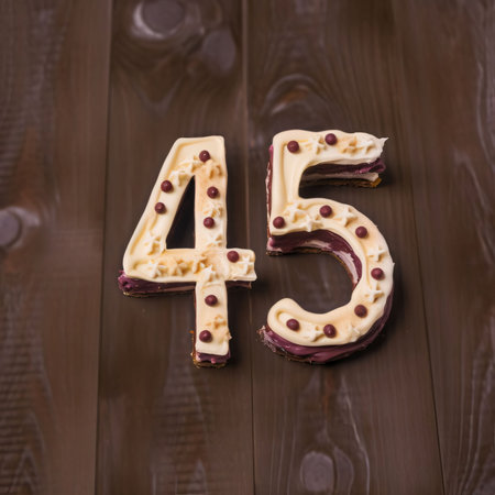 Graphic numbers: Number 45 made of chocolate frosting on a brown wooden background.