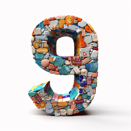 Graphic numbers: Number 9 made from various materials on white background. 3D illustrations.