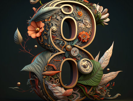 Graphic numbers: Number 8 with flowers, leaves and feathers. 3D illustrations.