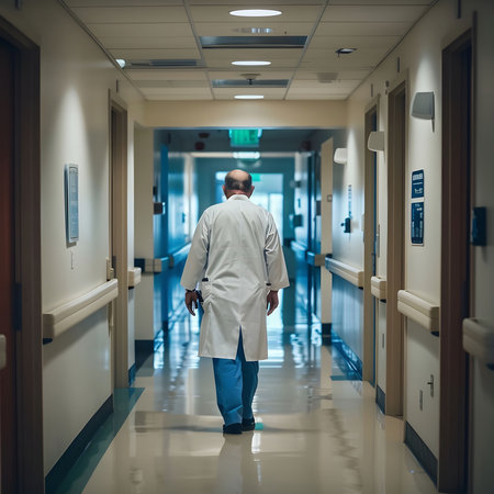 A lone doctor walks down a long hospital corridor. The image evokes a sense of calm and quiet.の写真素材