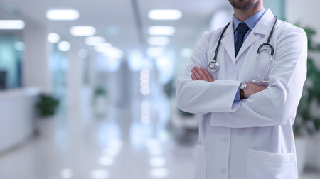 A portrait of a doctor, arms crossed, standing in a modern hospital corridor. He exudes confidence and professionalism.の写真素材