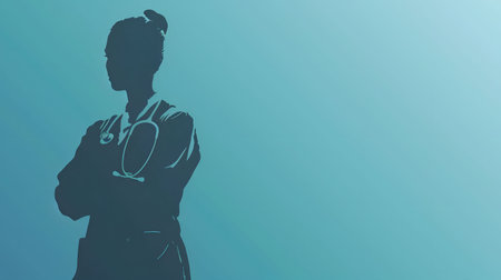 Silhouette of a confident female doctor with a stethoscope. Teal background. Healthcare, medical expertise.の写真素材
