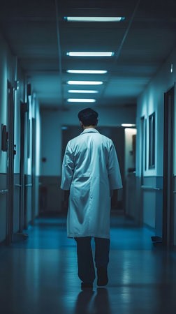 A lone doctor walks down a dimly lit hospital corridor at night. The image evokes a sense of quiet contemplation.の写真素材