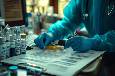 Close-up of a doctor in PPE reviewing medical samples and documents.の写真素材