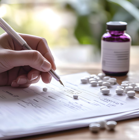 A person meticulously fills out a prescription form, pills and a medicine bottle in close proximity. The scene emphasizes medical record-keeping.の写真素材