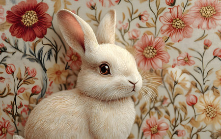A charming image of a fluffy white rabbit sitting against a vibrant floral backdrop. Its soft fur and serene expression create a captivating scene.の写真素材