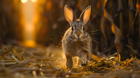 A wild rabbit dashes through a sun-drenched cornfield at sunset. The warm light creates a magical atmosphere.の写真素材