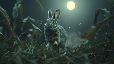 A lone rabbit leaps through a moonlit field, creating a mystical scene. The dark setting and soft lighting enhance its beauty.の写真素材