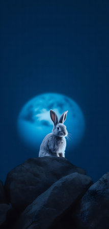 A gray rabbit sits on top of rocks under a large, blue moon. The scene is peaceful and serene, evoking a sense of calm.の写真素材