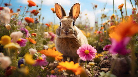 A charming bunny surrounded by a profusion of colorful wildflowers in a sunny meadow. A picturesque springtime scene.の写真素材