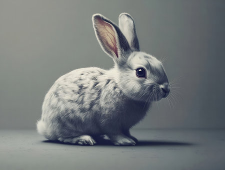 Close-up of a charming gray rabbit, sitting on a neutral background. The image showcases its soft fur and peaceful demeanor.の写真素材