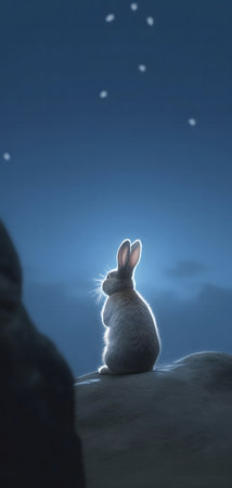 A lone rabbit sits on top of a rock, gazing at the stars in a serene night sky. The image evokes a sense of peace and tranquility.の写真素材