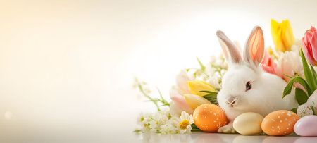 A fluffy white bunny nestled among pastel-colored Easter eggs and vibrant spring flowers. A perfect image for Easter celebrations.の写真素材