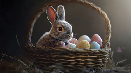 A charming gray bunny nestled in a wicker basket filled with vibrant Easter eggs. A heartwarming...