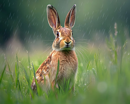 A captivating image of a European Hare sitting in lush green grass during a gentle rain shower. The hare's fur is glistening, and its expression is serene.の写真素材