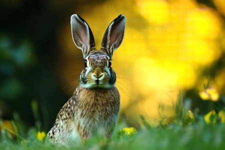 A captivating image of a wild hare sitting in a lush meadow bathed in golden sunlight. The hare's...