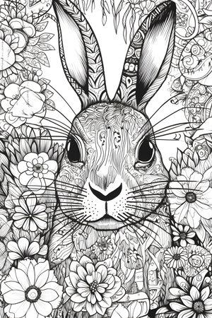A detailed black and white illustration of a rabbit surrounded by intricately floral designs. Perfect for coloring.の写真素材