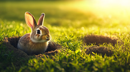 A cute baby bunny peeks out from her burrow in a sunny meadow.の写真素材