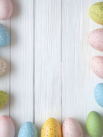 Pastel colored Easter eggs arranged on a white wooden surface. Perfect for spring and Easter...