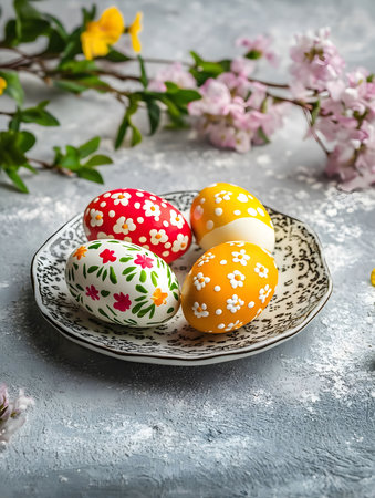 Four beautifully decorated Easter eggs sit on a rustic plate, surrounded by delicate spring...