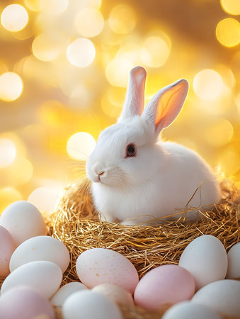 A fluffy white bunny sits in a nest filled with pastel Easter eggs. Soft golden bokeh lights create...