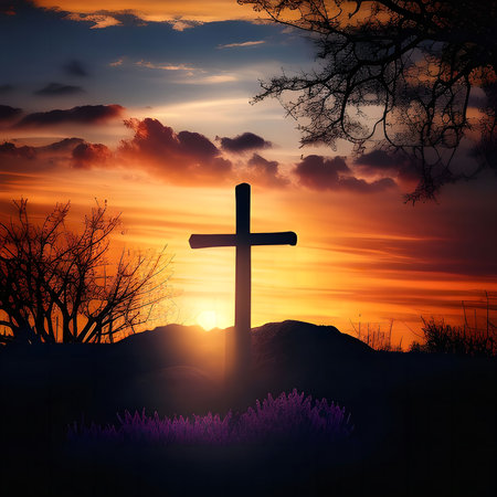 A majestic cross stands silhouetted against a vibrant sunset, creating a serene and spiritual image.の写真素材