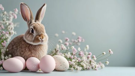 A charming Easter bunny surrounded by pastel eggs and delicate flowers. A perfect springtime image.の写真素材