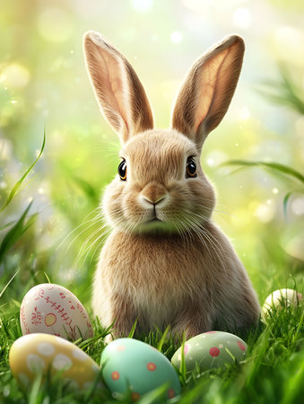 A charming Easter bunny sits amidst vibrantly colored eggs in a lush green field, a delightful...